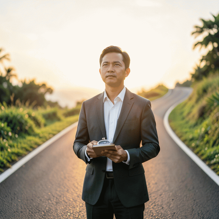 Seorang profesional Indonesia berdiri di awal jalan setapak yang menanjak menuju cakrawala cerah, melambangkan kemajuan terstruktur menuju kebebasan finansial.