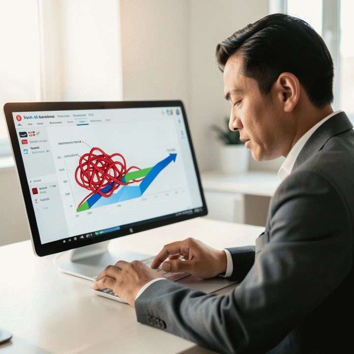 Ilustrasi sinematik dan fotorealistik seorang profesional muda Indonesia yang fokus menggunakan dashboard digital di meja kerja, menunjukkan visualisasi kompleks utang yang berubah menjadi rencana pelunasan yang terorganisir dan progresif.