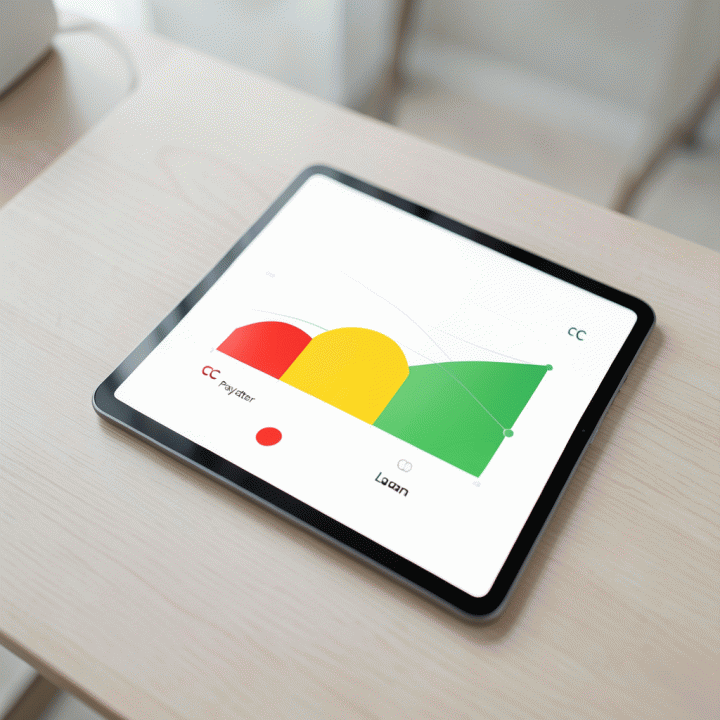 Pandangan atas (overhead) dashboard keuangan minimalis di atas meja kerja modern, menunjukkan perbandingan dan strategi pengelolaan tiga jenis utang yang berbeda.