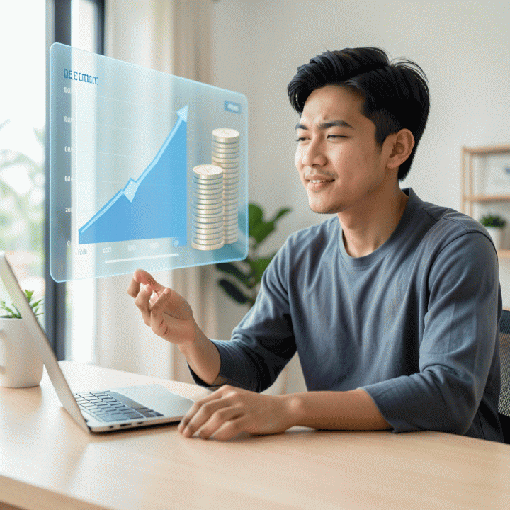 Seorang milenial muda Indonesia yang terlihat tenang dan percaya diri di depan dashboard keuangan digital yang menunjukkan kemajuan pelunasan utang.