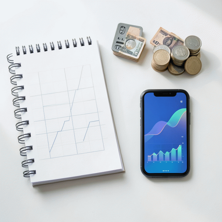 Komposisi flat lay dari alat-alat keuangan seperti buku catatan dan koin, menunjukkan perencanaan keuangan yang matang.