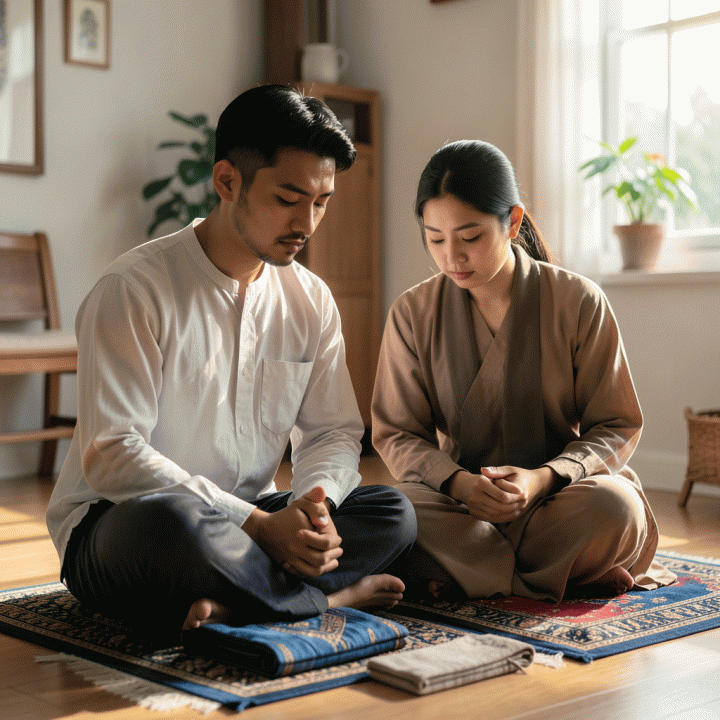 Pasangan milenial Indonesia yang duduk dengan tenang di atas sajadah setelah beribadah, menciptakan suasana khusyuk dan damai di pagi hari.