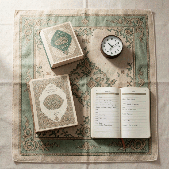 Foto datar yang estetis dari perlengkapan ibadah seperti sajadah, Al-Quran, dan buku jurnal perencanaan waktu di pagi hari, menunjukkan persiapan spiritual yang terorganisir.