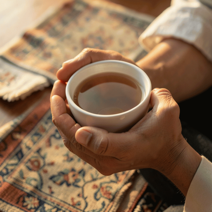 Tangan yang sedang memegang minuman hangat saat beristirahat sejenak untuk menjaga fokus spiritual.