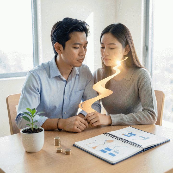 Seorang profesional muda Indonesia yang sedang merenungkan jalur keuangan yang tertata rapi, melambangkan pengelolaan utang dan menuju kebebasan finansial.