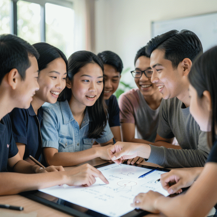 Guru dan siswa berinteraksi aktif di sekitar meja atau papan tulis pintar saat momen pencerahan akademis terjadi, menunjukkan kolaborasi yang inspiratif.
