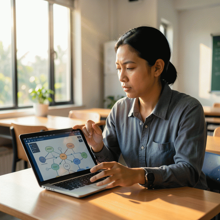 Seorang guru Indonesia yang sedang merefleksikan proses pembelajaran di ruang kelas modern, dengan visualisasi abstrak konsep pengetahuan dan narasi reflektif yang inspiratif ditampilkan secara digital.