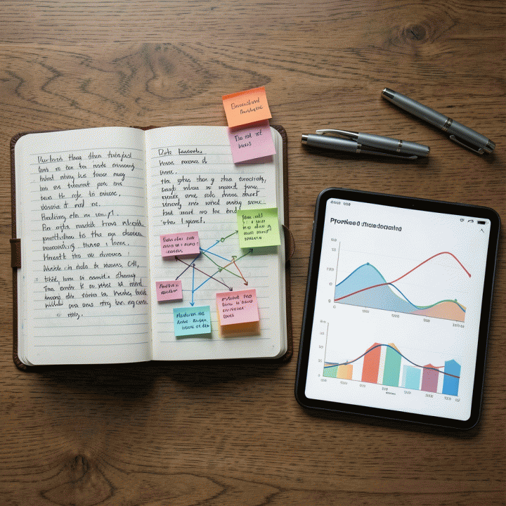 Flat lay portofolio pendidikan guru yang terorganisasi rapi, berisi catatan refleksi, peta konsep, dan grafik perkembangan hasil belajar pada permukaan meja kayu.