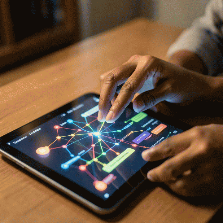 Tangan guru menganalisis data observasi siswa di tablet, mengubahnya menjadi peta konsep pembelajaran terstruktur oleh AI.