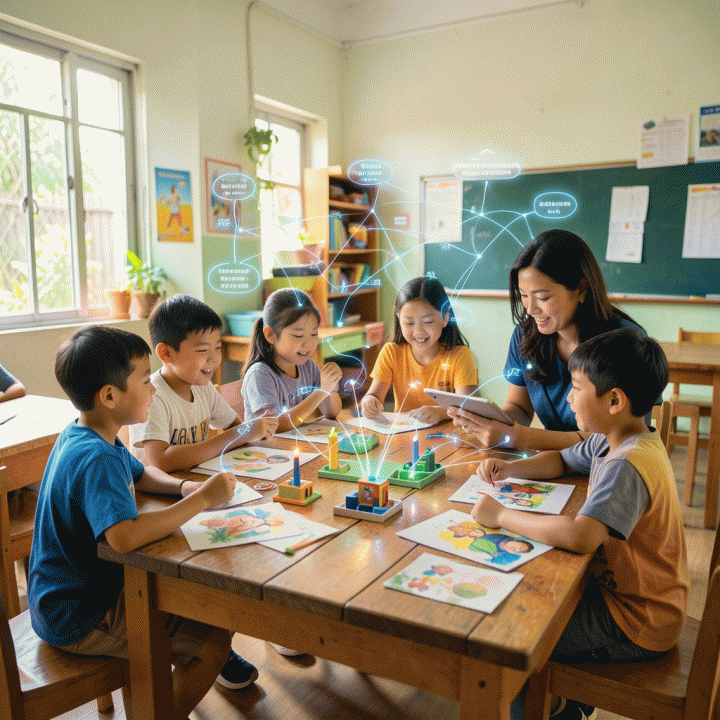 Guru Indonesia memandu siswa yang aktif dan berkolaborasi di kelas modern, menampilkan momen inspirasi pembelajaran yang diperkuat teknologi AI.