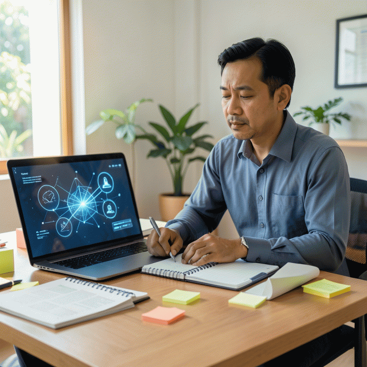 Seorang guru profesional Indonesia yang sedang merenungkan ide-ide pembelajaran di meja kayu modern, menggunakan laptop dan buku catatan sebagai sumber inspirasi.