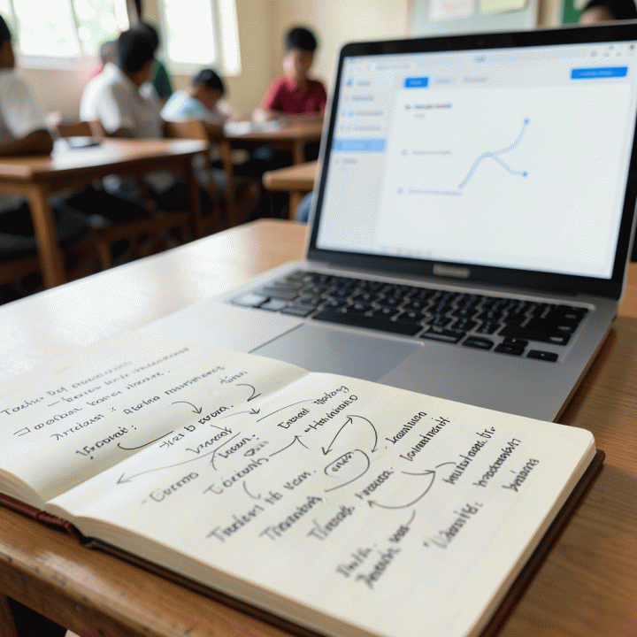 Jarak dekat menunjukkan catatan refleksi yang ditulis tangan dan laptop yang menampilkan ide-ide materi ajar yang terstruktur, melambangkan transformasi pemikiran menjadi materi ajar digital.