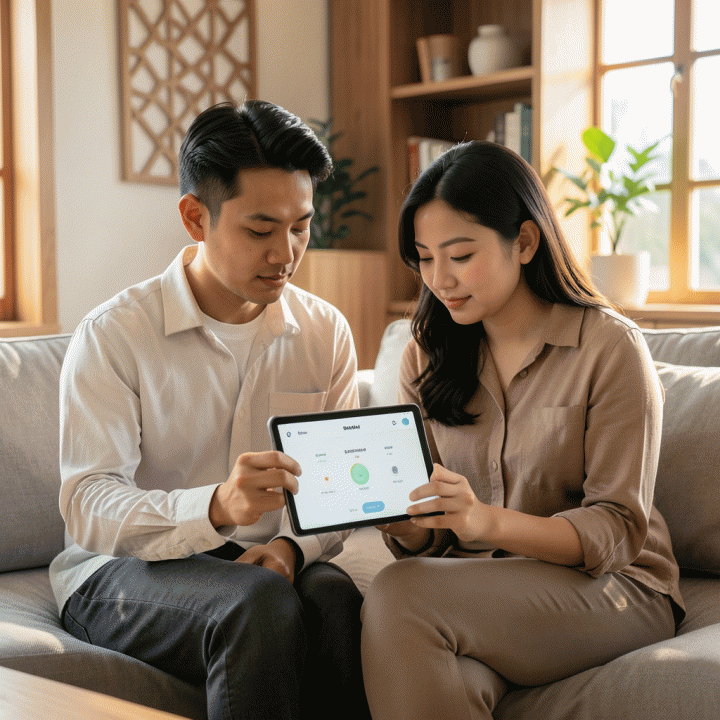 Pasangan muda Indonesia menggunakan aplikasi pelacak kebiasaan ibadah di tablet, menunjukkan perencanaan spiritual yang terorganisir dan efisien di rumah yang tenang.