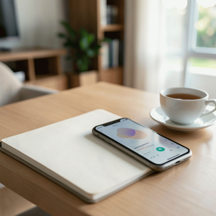 Meja kerja minimalis dengan jurnal dan smartphone yang menunjukkan pelacakan kebiasaan ibadah, melambangkan manajemen waktu yang teratur.