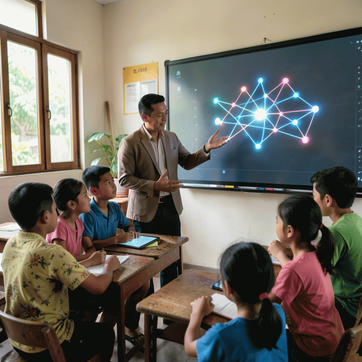 Guru Indonesia yang sedang memfasilitasi pembelajaran personalisasi di kelas modern, menunjukkan konsep jalur belajar individual kepada murid-muridnya.