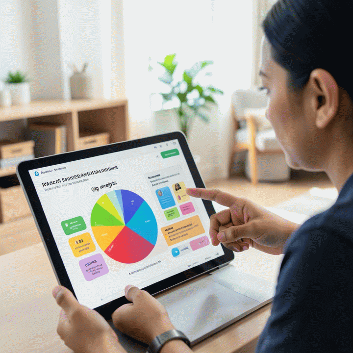 Orang tua dan guru berdiskusi di depan layar digital tentang analisis kesenjangan belajar dan rencana pembelajaran yang dipersonalisasi.