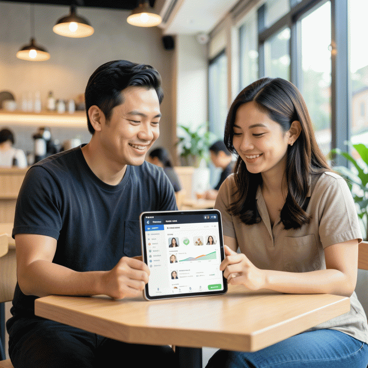 Pasangan pengantin Indonesia yang santai dan tenang meninjau dashboard perencanaan pernikahan yang terorganisir pada tablet di kafe modern, melambangkan pengelolaan anggaran dan waktu yang terkontrol.