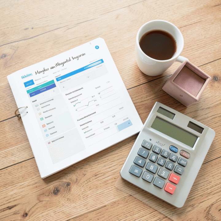 Tata letak (flat lay) peralatan perencanaan pernikahan yang rapi, termasuk dashboard digital, buku catatan, dan kalkulator, melambangkan kontrol anggaran dan organisasi.