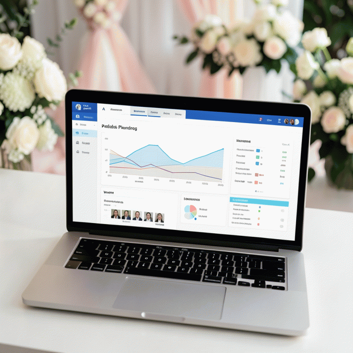 Dashboard aplikasi perencanaan pernikahan digital dengan grafik anggaran dan manajemen vendor yang terorganisir.