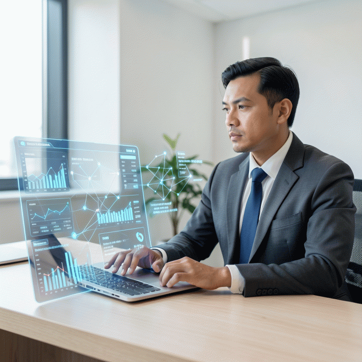 Seorang manajer pemasaran profesional sedang melihat dasbor data holografik AI di mejanya, mengubah data mentah yang rumit menjadi strategi pemasaran yang jelas dan terstruktur.