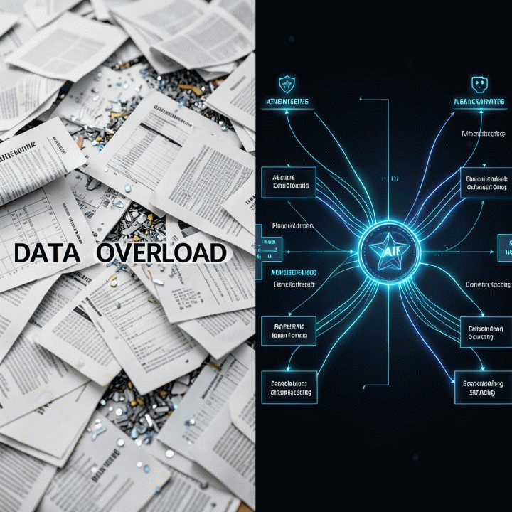 Visual perbandingan antara tumpukan data mentah yang kacau dengan strategi pemasaran yang terstruktur rapi berkat bantuan AI.