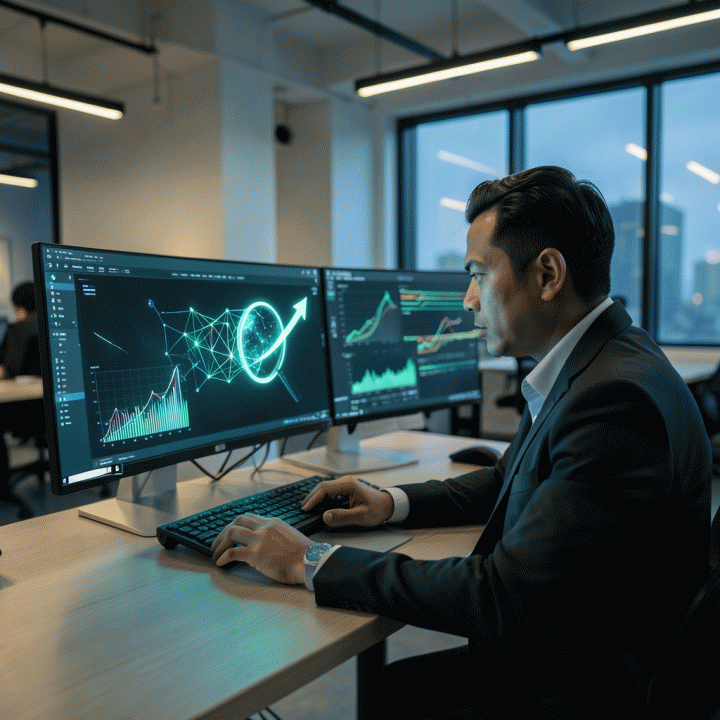 Seorang manajer pemasaran profesional di ruang kerja modern sedang menganalisis data kompleks di layar multi-monitor, menunjukkan bagaimana AI mengubah data mentah menjadi wawasan bisnis yang jelas dan terstruktur.