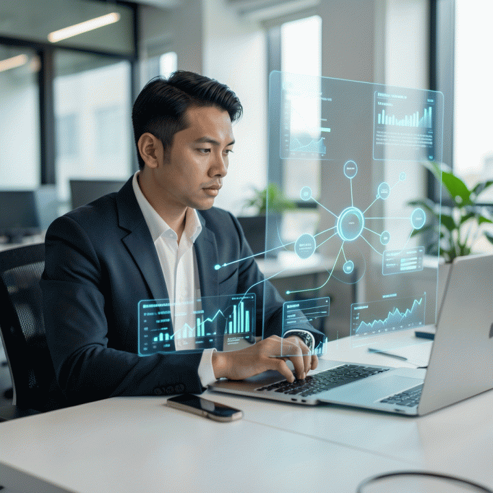 Seorang analis bisnis profesional sedang meninjau visualisasi data holografik yang kompleks dan terpadu di meja kerjanya, melambangkan transformasi data operasional menjadi keputusan bisnis yang akurat.