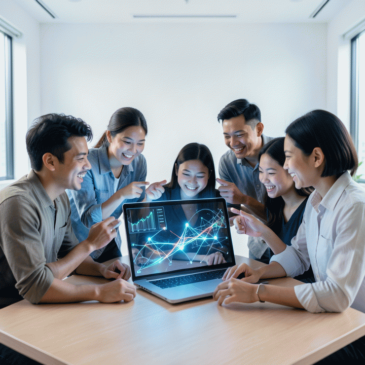 Seorang tim profesional Indonesia yang bersemangat berkolaborasi di sekitar antarmuka holografik futuristik, merepresentasikan proses mengubah ide bisnis menjadi rencana digital yang terstruktur menggunakan AI.