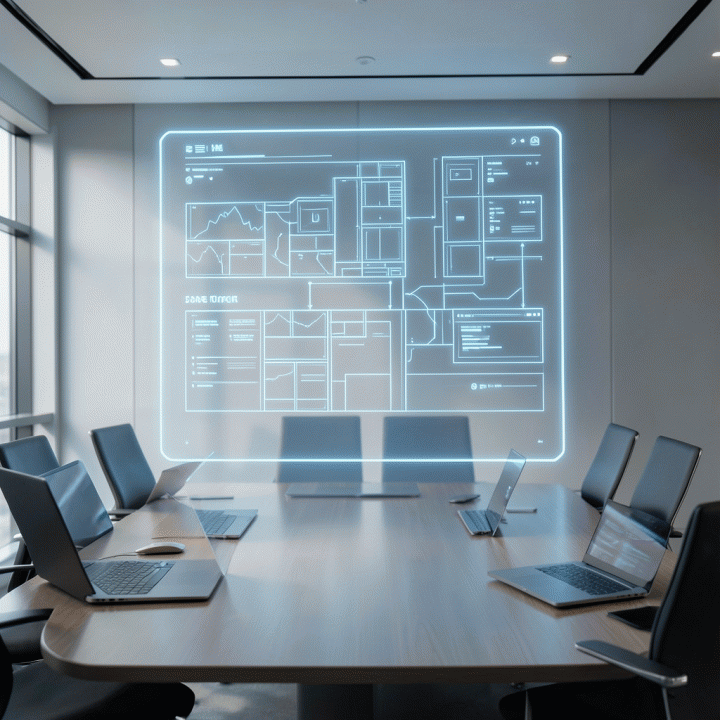 Blueprint digital abstrak dari sebuah produk bisnis yang sukses, diproyeksikan di atas permukaan modern, menunjukkan struktur dan perencanaan yang matang.
