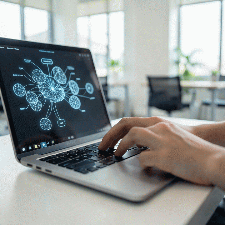 Tangan sedang mengetik di laptop dengan layar menampilkan peta pikiran (mind map) abstrak yang bercahaya, melambangkan proses pengembangan ide bisnis dengan AI.