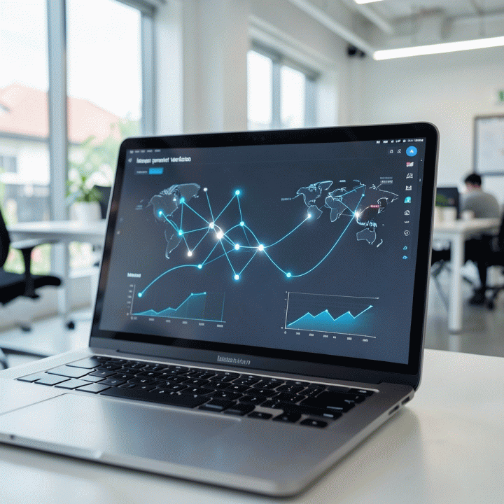 Tampilan layar laptop yang abstrak dan modern, menunjukkan proses validasi pasar dan pengembangan ide bisnis menggunakan antarmuka AI yang canggih.