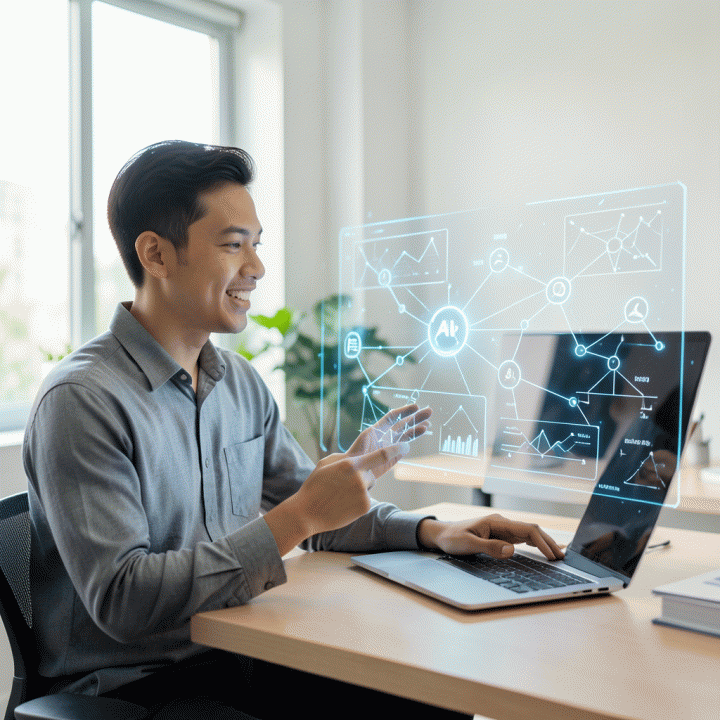 Seorang founder muda Indonesia berinteraksi dengan antarmuka holografik AI yang menampilkan ide-ide abstrak yang bertransformasi menjadi cetak biru bisnis yang terstruktur, melambangkan proses mengubah ide mentah menjadi bisnis digital.