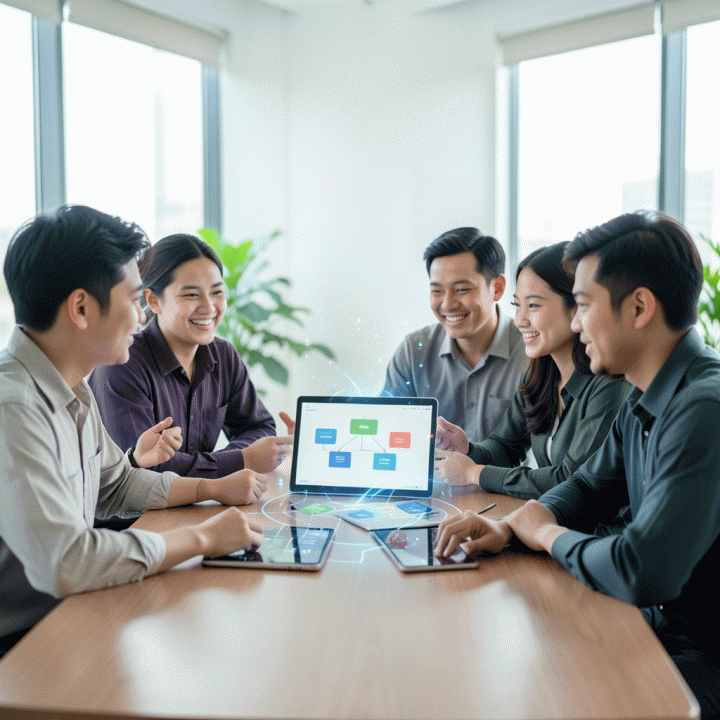 Tim profesional muda Indonesia berkolaborasi di sekitar layar, memvisualisasikan model bisnis yang terstruktur dengan bantuan panduan digital AI, melambangkan validasi ide bersama.