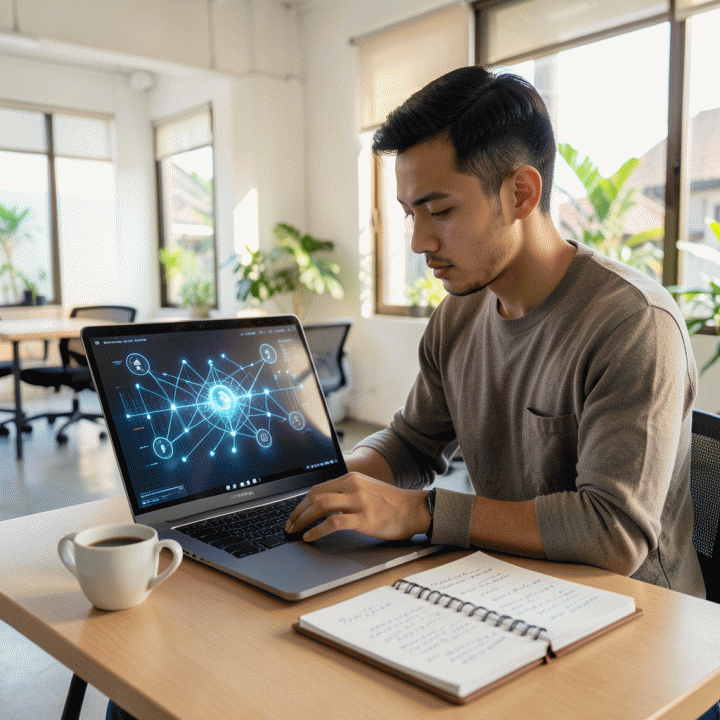 Seorang founder di ruang kerja modern menggunakan laptop yang menampilkan visualisasi data ide digital yang kompleks, melambangkan transformasi ide mentah menjadi rencana bisnis menggunakan AI.