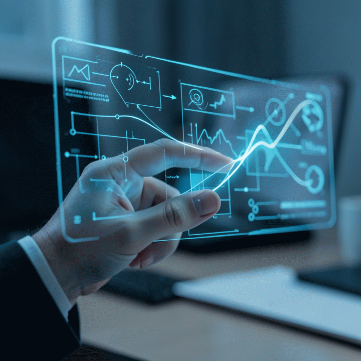 Tangan berinteraksi dengan antarmuka holografik yang menampilkan diagram bisnis yang terstruktur, menunjukkan proses pengembangan ide menggunakan AI.