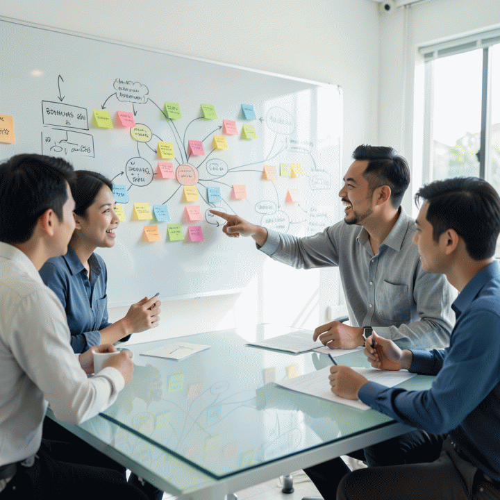 Tim profesional Indonesia berdiskusi dan menyusun peta konsep ide bisnis di papan tulis besar, menunjukkan kolaborasi dalam tahap perencanaan startup.
