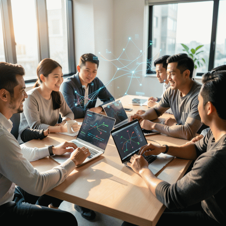 Kelompok profesional muda Indonesia bersemangat berdiskusi dan merencanakan bisnis digital di co-working space modern, dengan visualisasi data abstrak AI di udara, melambangkan kolaborasi ide kreatif dan teknologi.
