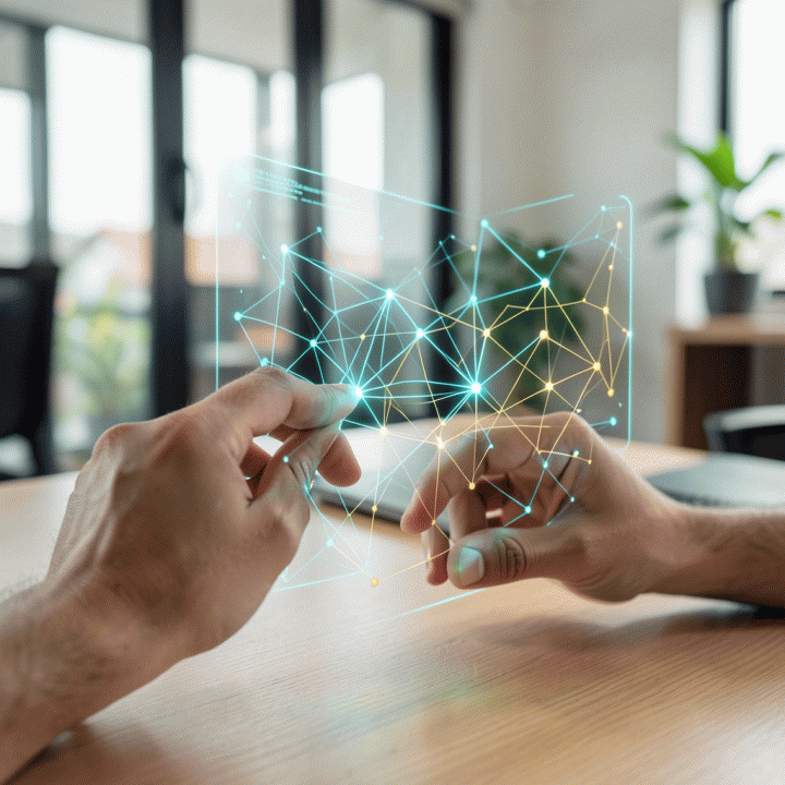Tangan seorang founder berinteraksi dengan antarmuka holografik futuristik yang menampilkan peta ide bisnis digital yang kompleks, melambangkan penggunaan alat AI untuk pengembangan strategi.