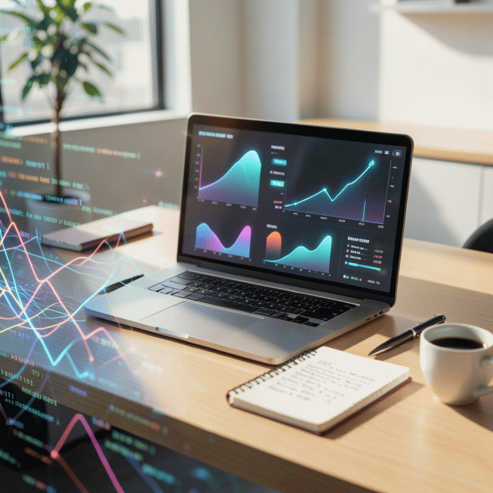 Visualisasi data digital dan insight yang terorganisir pada meja kerja modern, melambangkan kemampuan mengubah data mentah menjadi strategi bisnis yang jelas.