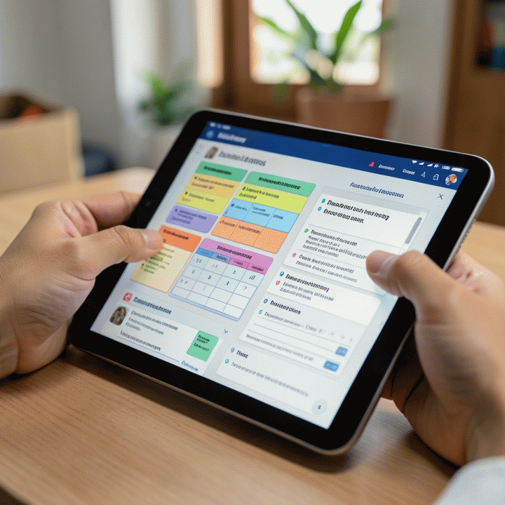 Tangan guru berinteraksi dengan tablet yang menampilkan template rencana pelajaran, worksheet, dan soal latihan yang dibuat otomatis oleh AI.