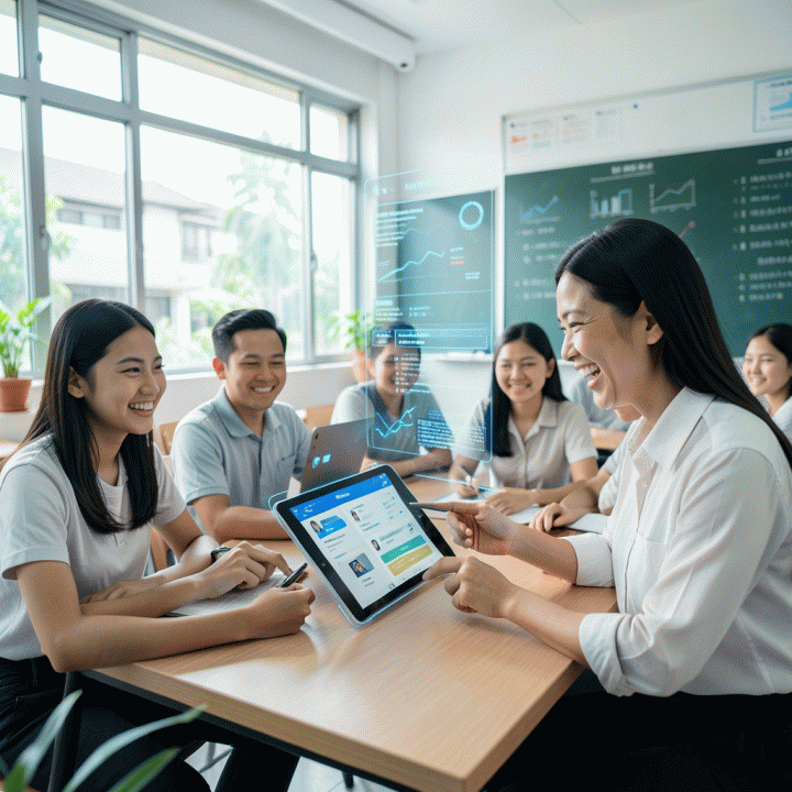 Guru modern Indonesia menggunakan alat AI untuk menampilkan laporan penilaian dan progress belajar siswa yang terstruktur di kelas.
