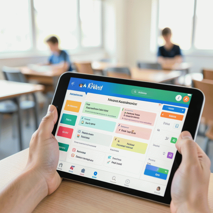 Tangan menggunakan tablet yang menampilkan antarmuka AI untuk membuat soal latihan dan evaluasi pembelajaran secara interaktif.