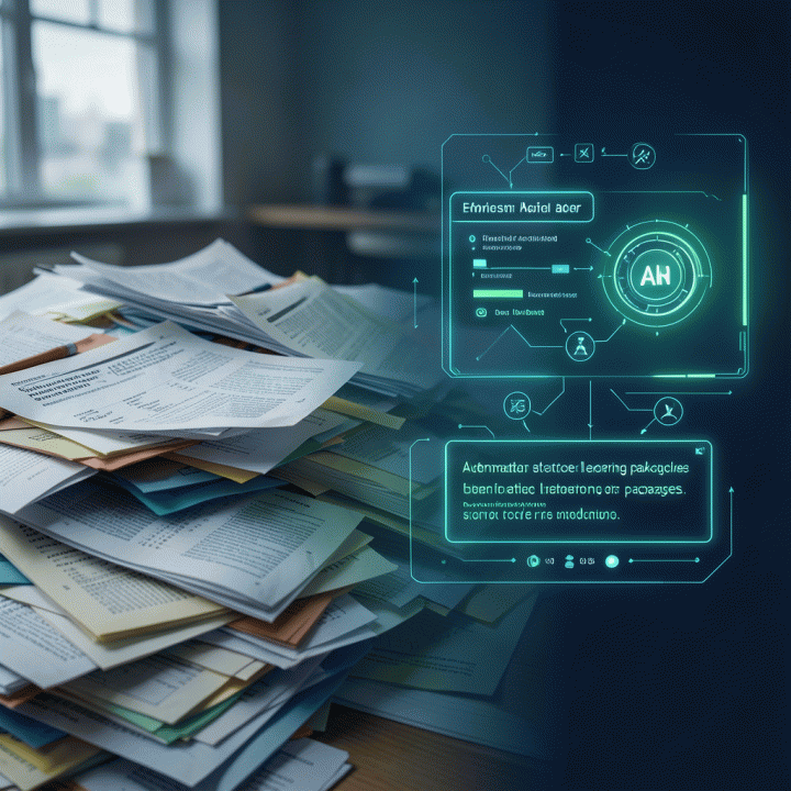 Visualisasi konseptual AI yang mengubah materi pembelajaran manual yang rumit menjadi paket digital yang terstruktur dan interaktif.