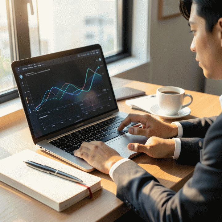 Meja kerja profesional modern dengan visualisasi data abstrak yang menunjukkan analisis strategi karir, dilengkapi buku catatan dan kopi, menyoroti proses perencanaan karier yang terukur.