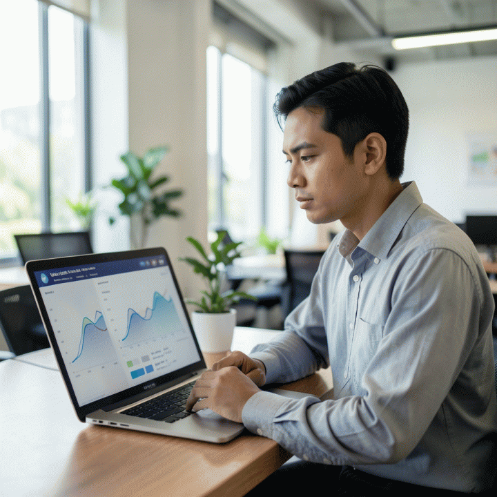 Seorang profesional Indonesia sedang bekerja di co-working space modern, menggunakan laptop untuk menganalisis data visualisasi karir yang abstrak, menunjukkan peningkatan fokus dan strategi.