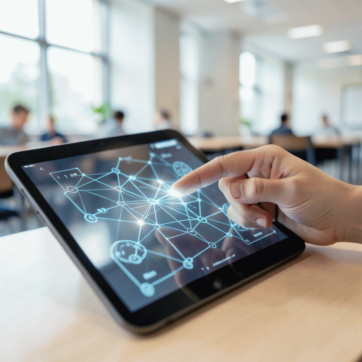 Tangan yang sedang berinteraksi dengan tablet transparan yang menampilkan pola dan puzzle abstrak, mewakili asesmen kemampuan kognitif.