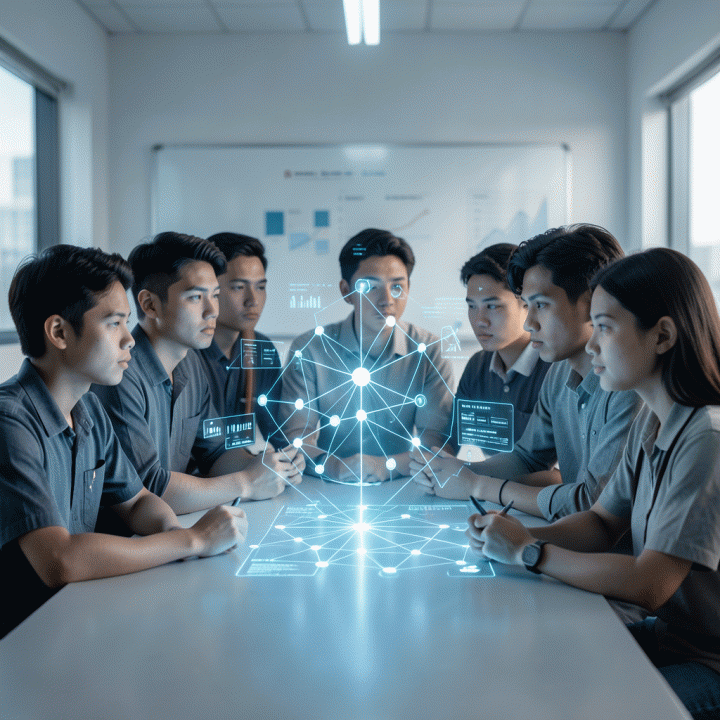Sekelompok mahasiswa Indonesia yang berdiskusi di sekitar antarmuka holografik futuristik yang menampilkan visualisasi data kognitif dan jaringan pengetahuan, melambangkan asesmen kesiapan akademik di era AI.