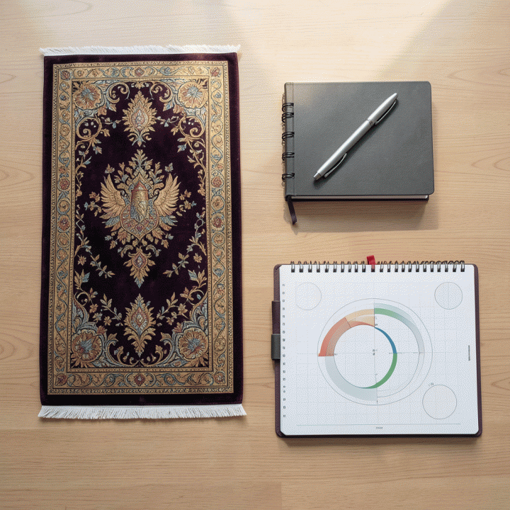 Foto flat lay dari alat-alat perencanaan spiritual, termasuk jurnal dan sajadah, yang menunjukkan rutinitas ibadah yang terencana.