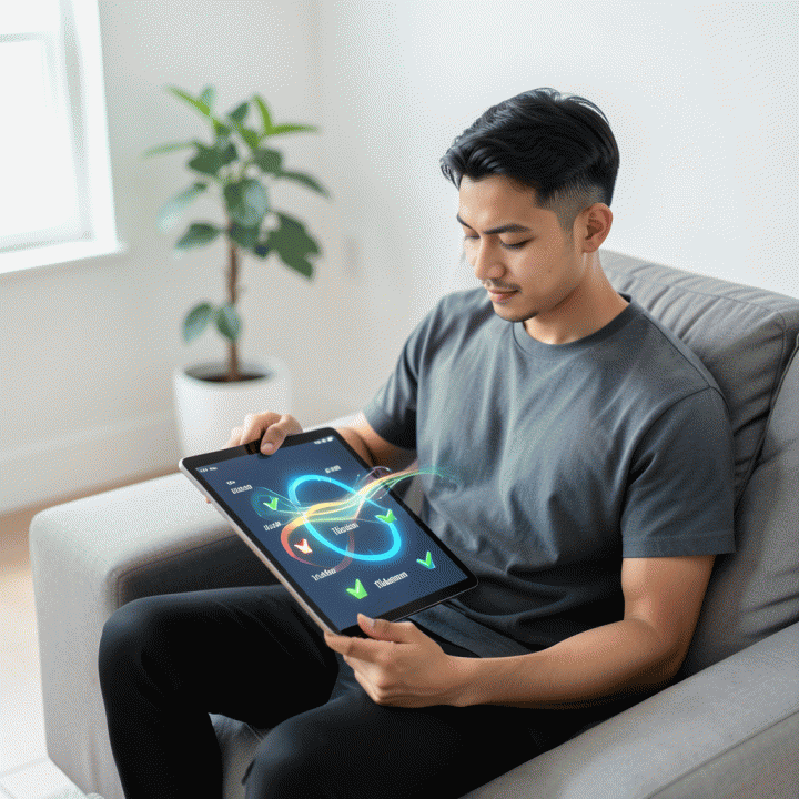 Seorang pria Muslim milenial Indonesia yang terlihat fokus dan tenang menggunakan aplikasi pelacak kebiasaan spiritual di tablet, menunjukkan progres ibadah harian yang terorganisir.
