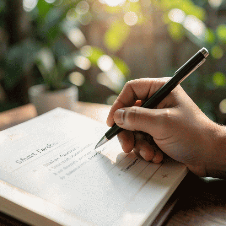 Tangan yang sedang mencatat atau menandai progres ibadah di buku catatan spiritual yang elegan.
